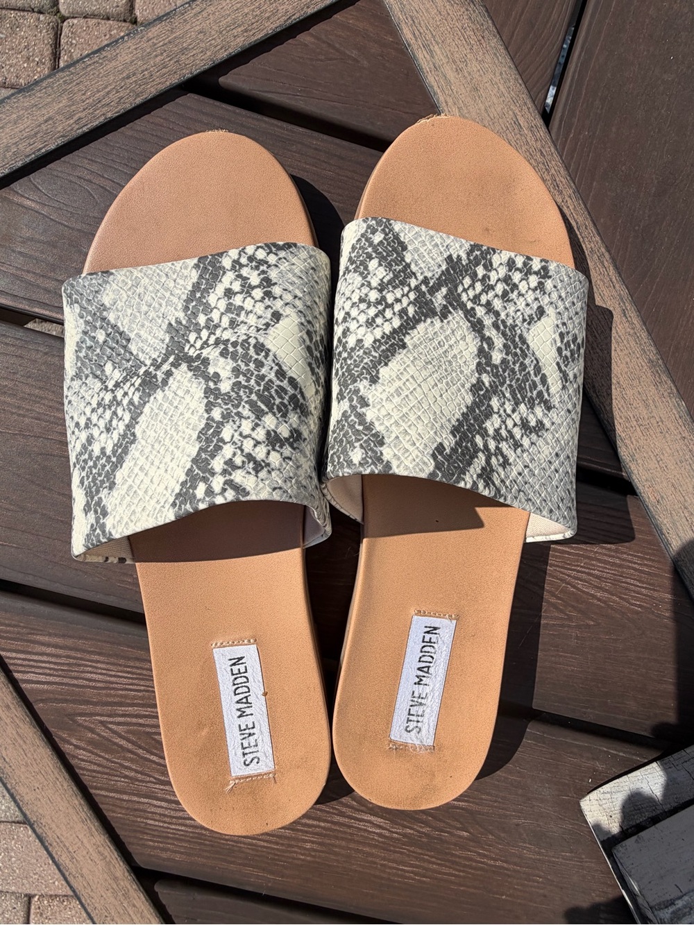 Steve Madden Snake-Print Slide Sandals in Beige and Gray